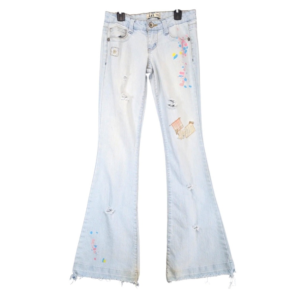 Vintage Y2K LEI Ashley Trouble Light Flare Jeans 28x33" Distressed Paint Patches